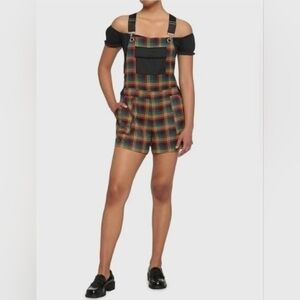 Hot Topic Rainbow Grid Colorful Plaid Utility Shortall Overalls